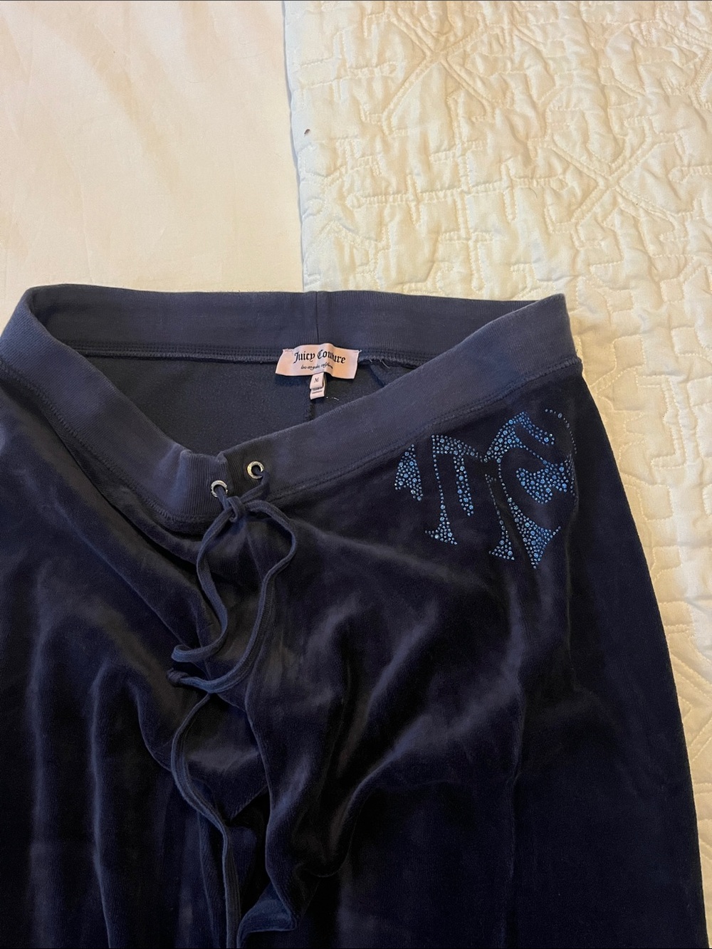 Vintage Juicy Couture Navy Velour Sweatpants with Blue Rhinestone Logo